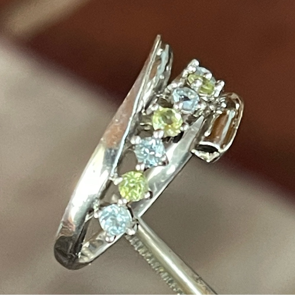 Signed 925 Prong Set Aquamarine & Peridot Bypass Ring